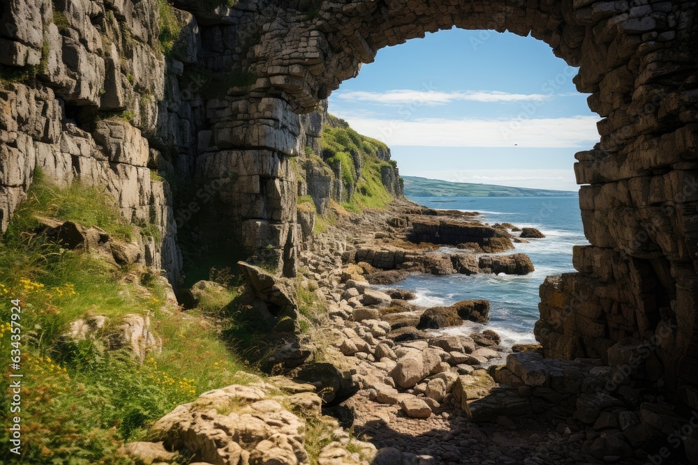 Guardian of Horizons: The Entrancing Stone Archway on the Coastal Cliff Guiding Pensive Gazes to the Sublime Merge of Sea and Heaven