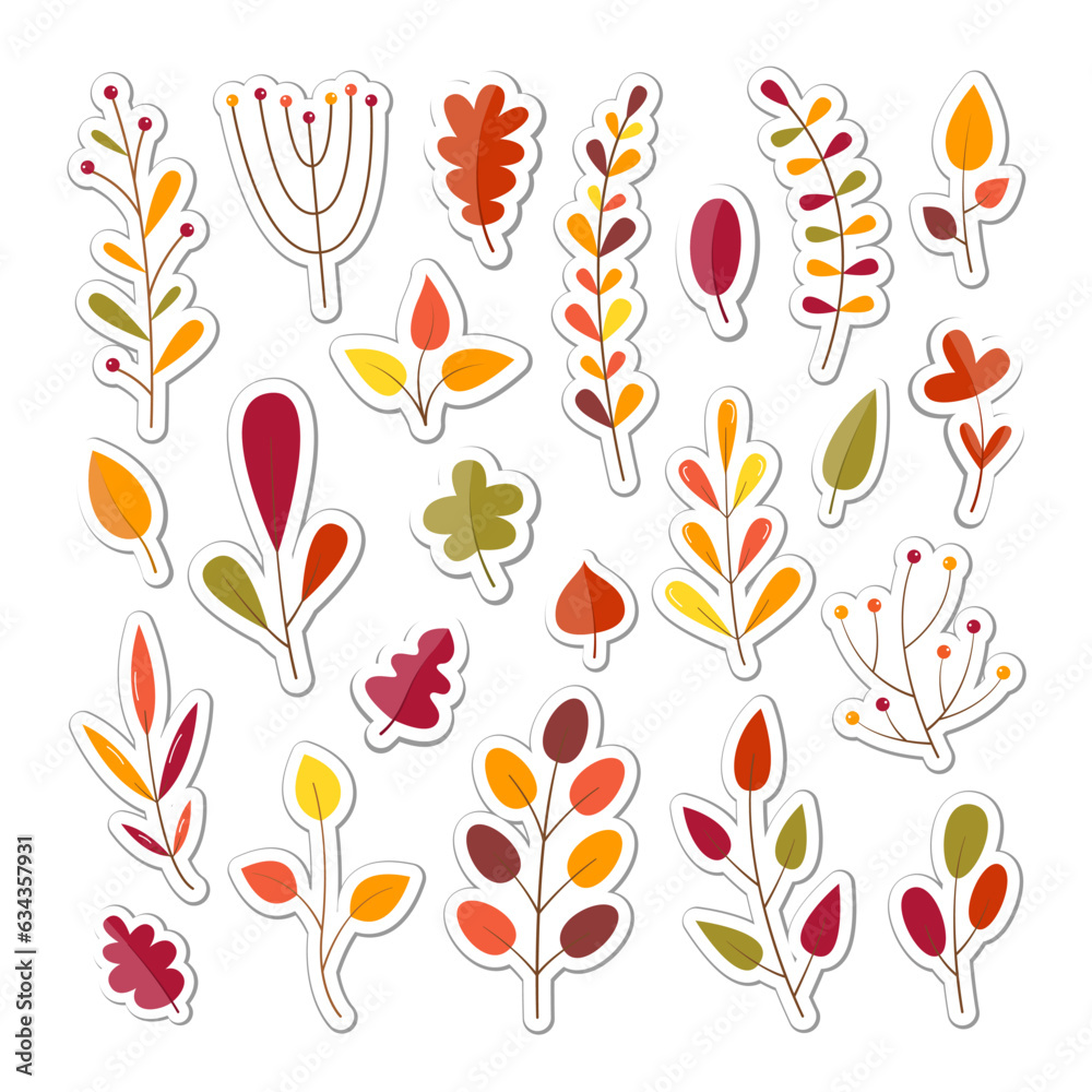Sticky Cartoon Leaves Set. Sticker Autumn Foliage. Fall Design Elements Collection.