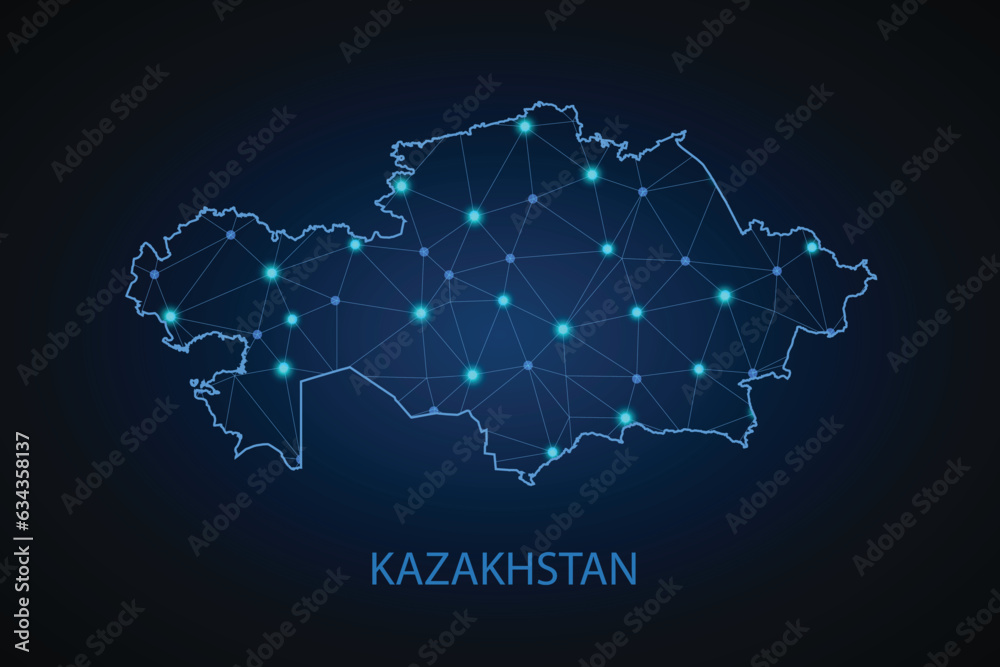 Map of Kazakhstan. Wire frame 3D mesh polygonal network line, design sphere, dot and structure. communications map of Kazakhstan. Vector Illustration EPS10.