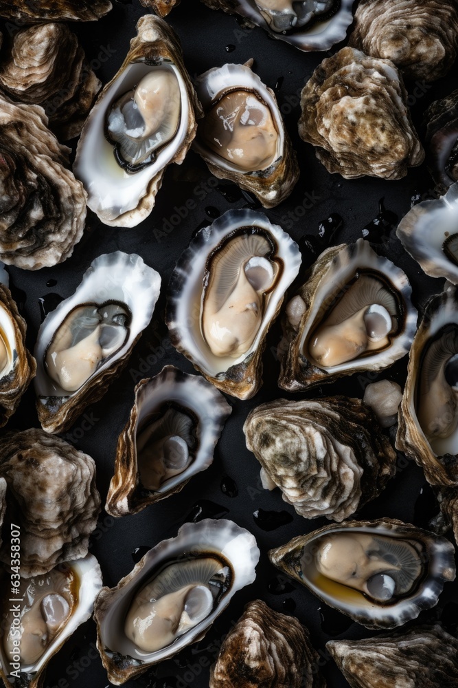 Creative flatlay pattern with Fresh oysters on black stone background with ice. Closeup open oyster. Seafood market or restaurant concept. French delicacy. Aphrodisiac mollusk Creative flatlay pattern with Fresh oysters on black stone background with ice. Closeup open oyster. Seafood market or restaurant concept. French delicacy. Aphrodisiac mollusk