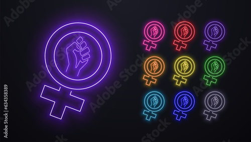A set of neon icons of female power and feminism in the colors green, blue, orange, yellow, red, purple, pink on a dark background.