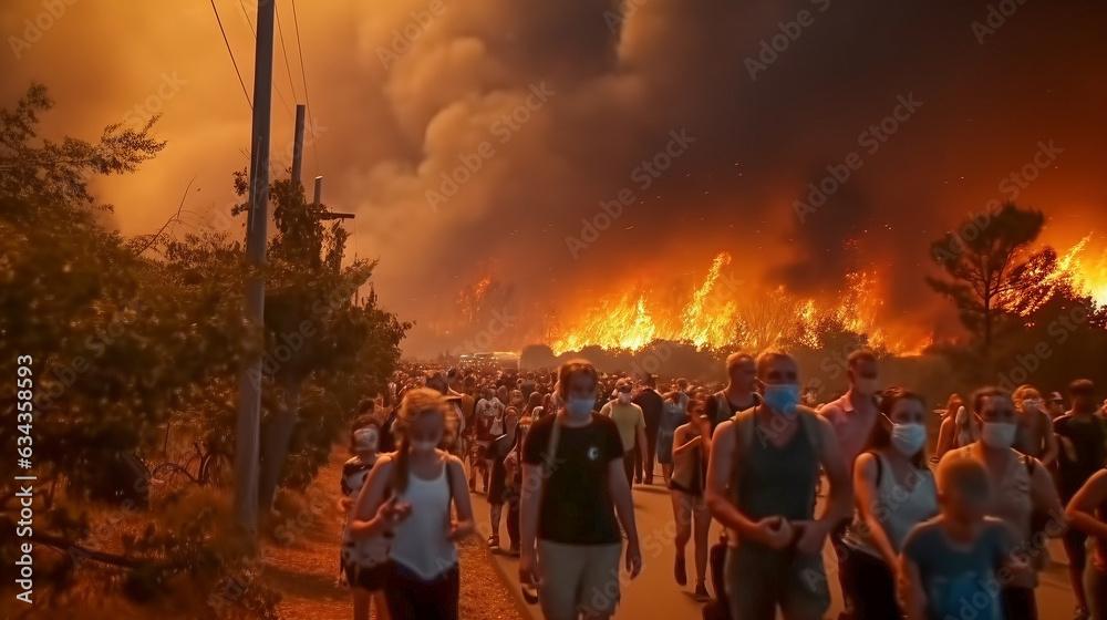 Civilians fleeing from a raging forest fire