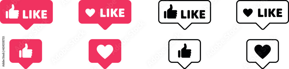Like, heart. Thumb up icon sign. Finger up. Like icon button. Line flat and line style. Like, dislike icons. Social media notification icons. Vector stock