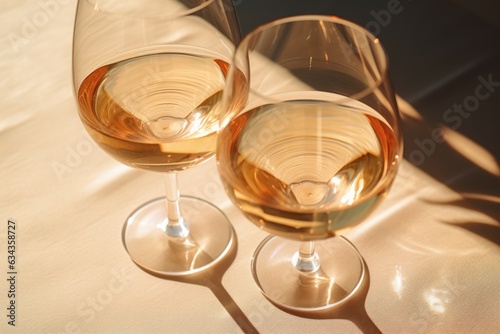 Two glass with white wine on light yellow background. Wineglasses. Summer drink for party, wine shop or wine tasting concept. Date or romantic dinner. Copy space