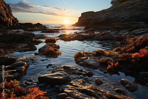 Ephemeral Beauty Unveiled: The Serene Tidepool on the Rocky Beach, Bathed in the Gentle Glow of the Morning Sun's Early Embrace