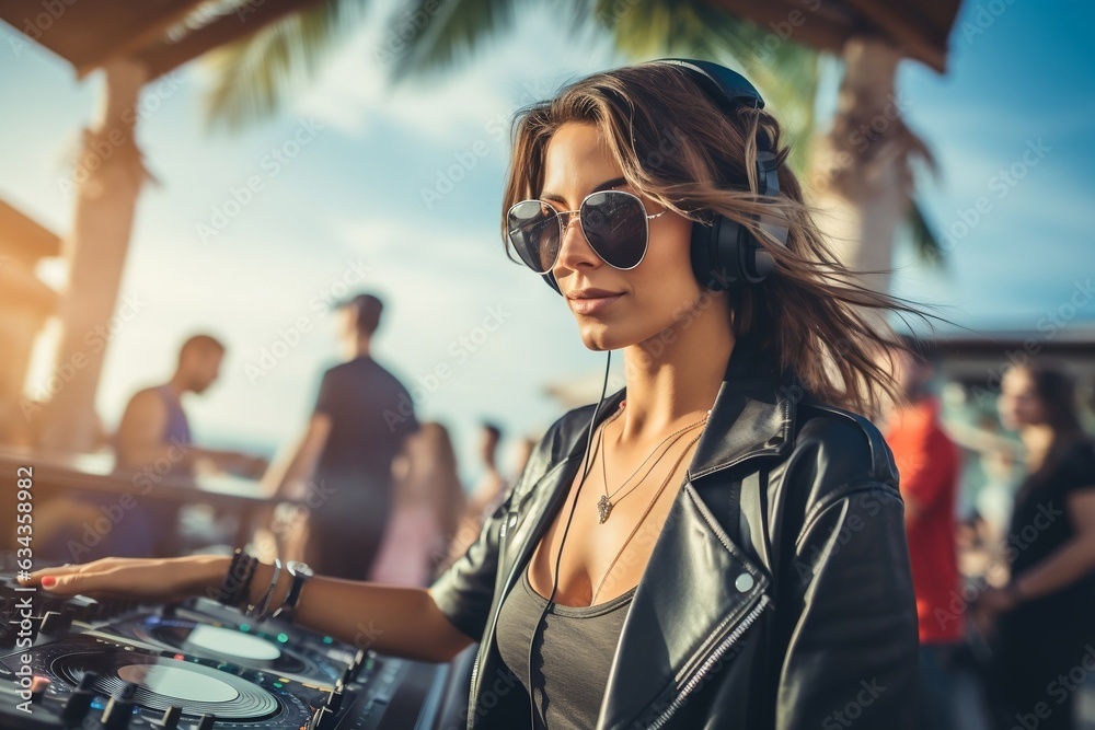 Beautiful young female dj with long hair in headphones at a beach party, music and dancing. AI generated Beautiful young female dj with long hair in headphones at a beach party, music and dancing. AI generated