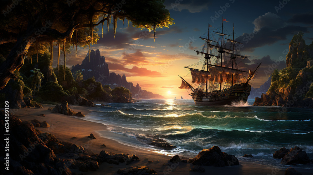 Naklejka premium Pirate's Cove: A hidden cove with a pirate ship at anchor, surrounded by rocky cliffs and mysterious caves, telling tales of swashbuckling adventures 