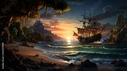 Pirate's Cove: A hidden cove with a pirate ship at anchor, surrounded by rocky cliffs and mysterious caves, telling tales of swashbuckling adventures 