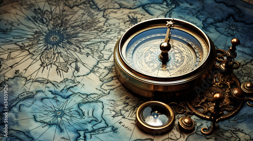 Nautical Chart: A close-up of a nautical chart with intricate details, compasses, and route lines, capturing the essence of seafaring 