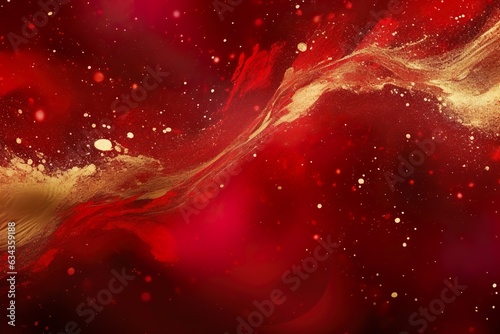 Red liquid with tints of golden glitters. Red background with a scattering of gold sparkles. Magic Galaxy of golden dust particles in red fluid with burgundy tints | Generative AI