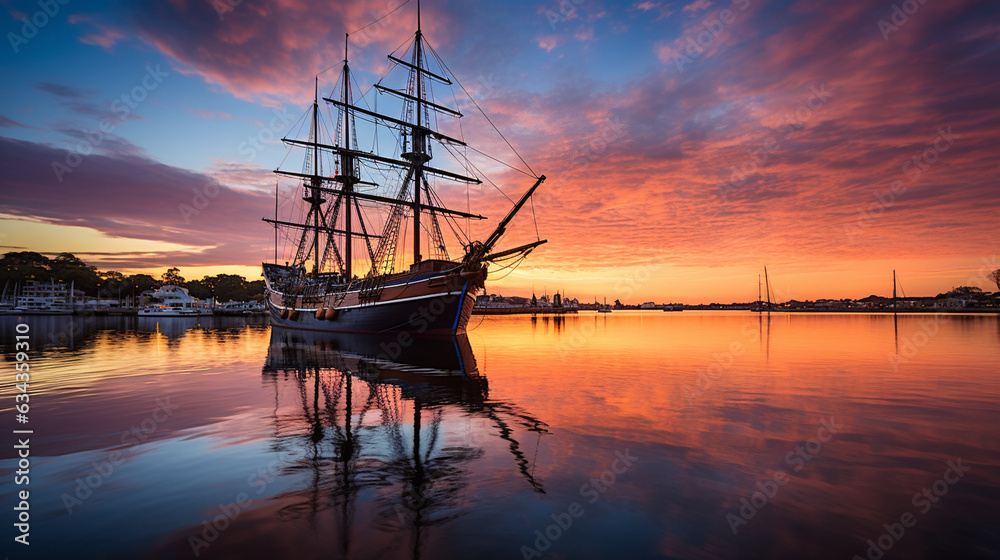 Harbor Reflections: A ship reflected in the calm waters of a harbor at dawn, creating a stunning mirror-like image 