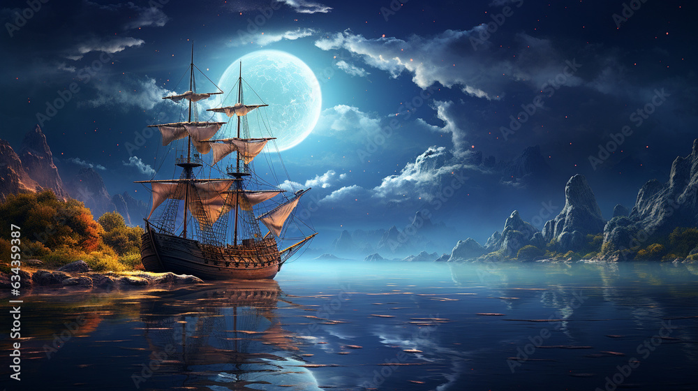 Fototapeta premium Night Navigation: A ship navigating through a moonlit night, with stars above and a tranquil sea, evoking a sense of serenity 