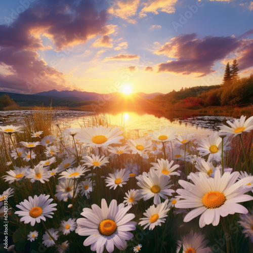 Beautiful landscape full of daisy at sunset © Guido Amrein
