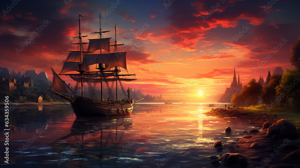 Harbor Sunrise: A ship entering a picturesque harbor at sunrise, with warm colors illuminating the scene, promising a new day 