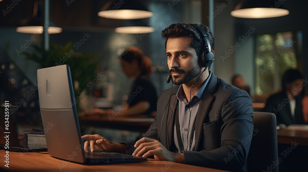 Portrait of young Indian call center operator man doing his job with a headset Portrait of young Indian call center operator man doing his job with a headset