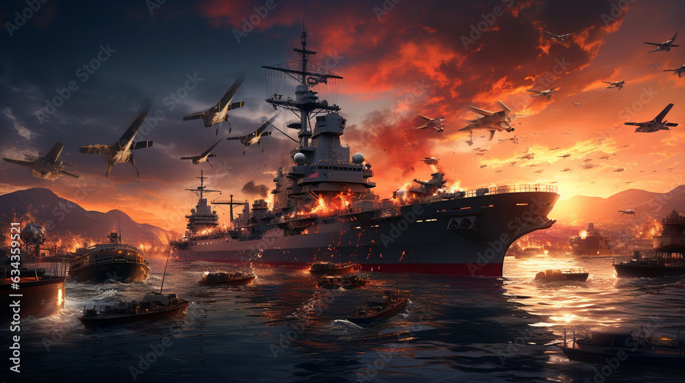 Naval Fleet: A powerful naval fleet with warships and aircraft carriers, a demonstration of maritime strength and readiness Naval Fleet: A powerful naval fleet with warships and aircraft carriers, a demonstration of maritime strength and readiness