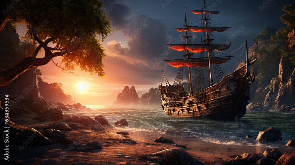 Pirate's Treasure A pirate ship anchored near a remote island, hinting