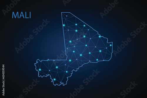 Map of Mali. Wire frame 3D mesh polygonal network line, design sphere, dot and structure. communications map of Mali. Vector Illustration EPS10.
