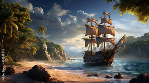 Pirate's Treasure: A pirate ship anchored near a remote island, hinting at hidden treasures and pirate legends Generative AI