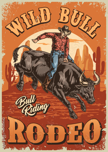 Bull rodeo vintage poster colorful