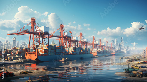 Container Terminal: A sprawling container terminal with massive cranes unloading cargo from ships, a hub of global trade 