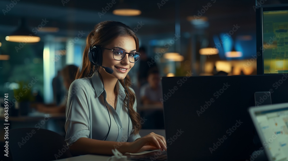 Portrait of young smiling caucasian call center operator woman working with a headset Portrait of young smiling caucasian call center operator woman working with a headset
