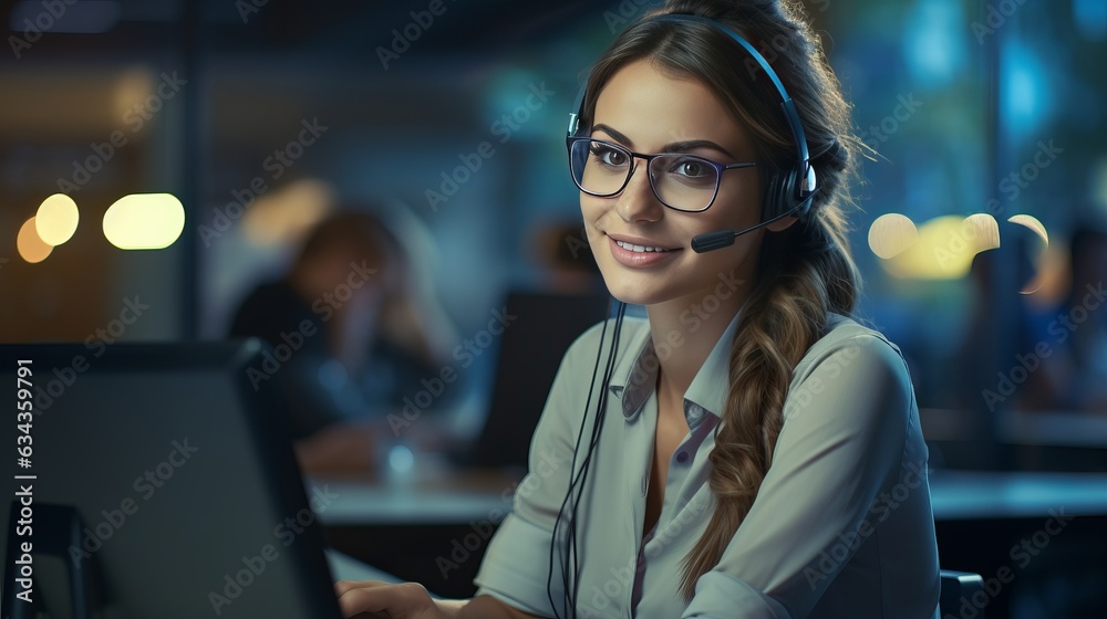 Portrait of young smiling caucasian call center operator woman working with a headset Portrait of young smiling caucasian call center operator woman working with a headset