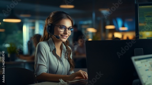 Portrait of young smiling caucasian call center operator woman working with a headset