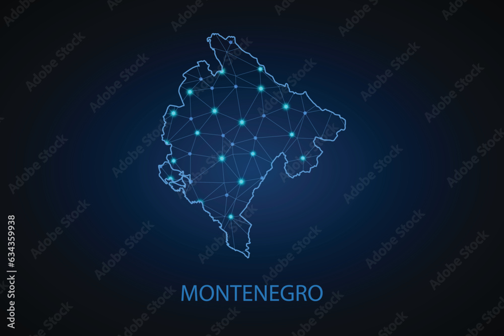 Map of Montenegro. Wire frame 3D mesh polygonal network line, design sphere, dot and structure. communications map of Montenegro. Vector Illustration EPS10.