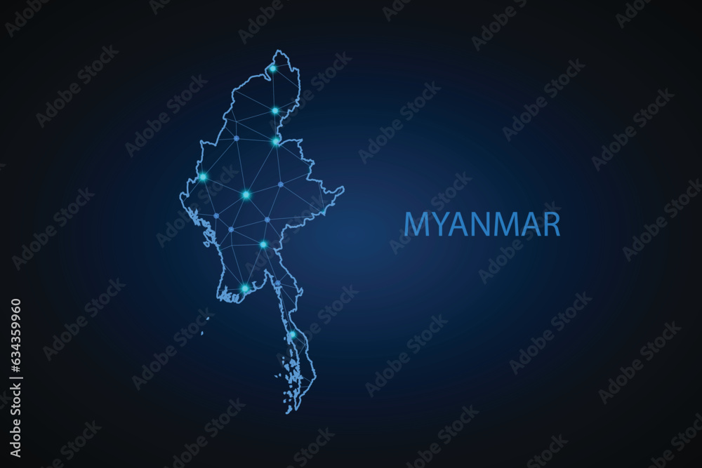 Map of Myanmar. Wire frame 3D mesh polygonal network line, design sphere, dot and structure. communications map of Myanmar. Vector Illustration EPS10. Map of Myanmar. Wire frame 3D mesh polygonal network line, design sphere, dot and structure. communications map of Myanmar. Vector Illustration EPS10.