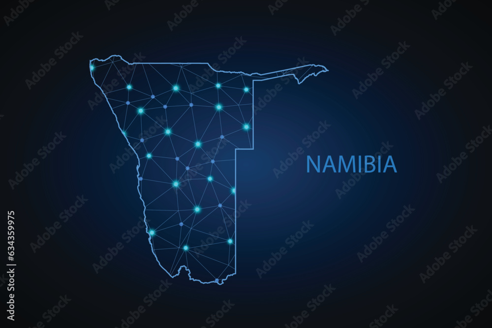 Map of Namibia. Wire frame 3D mesh polygonal network line, design sphere, dot and structure. communications map of Namibia. Vector Illustration EPS10.