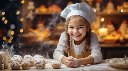 Happy funny little girl bake christmas cookies on cozy kitchen at home . Design ai