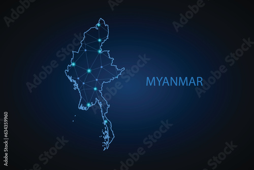 Map of Myanmar. Wire frame 3D mesh polygonal network line, design sphere, dot and structure. communications map of Myanmar. Vector Illustration EPS10.