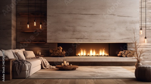 Fotografia Cozy modern winter living room interior with a modern fireplace in a chalet