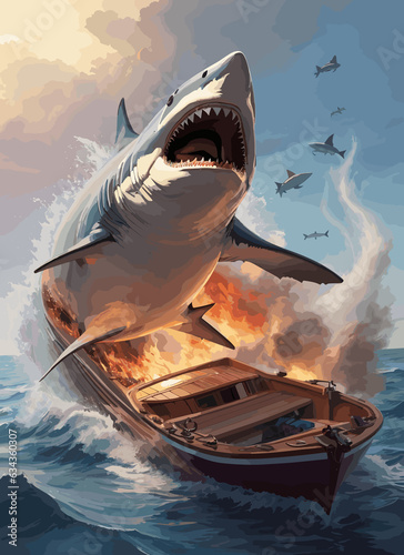 shark jumping over a boat caught on fire illustration art decoration