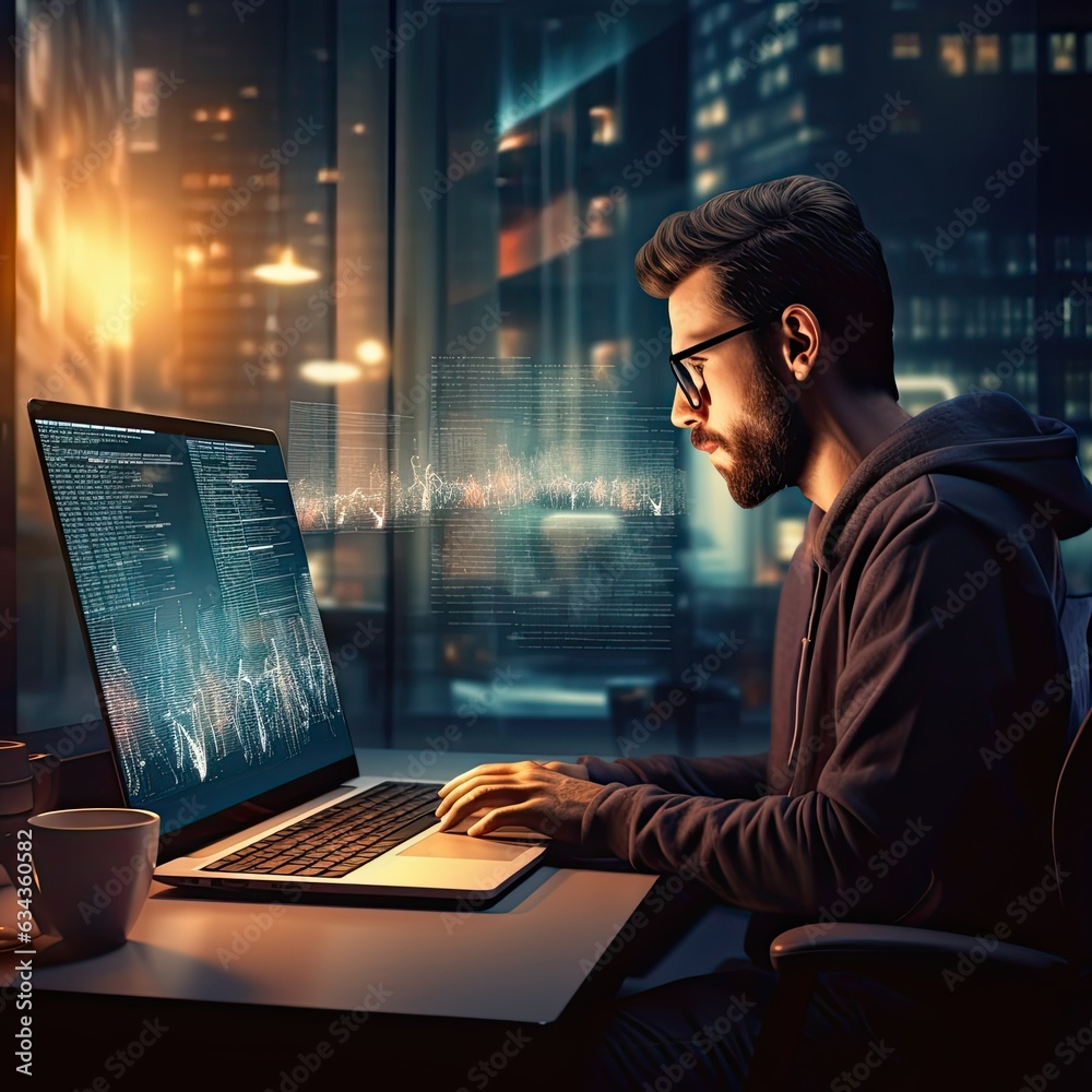 software development concept. Man Coding programmer, software engineer working on laptop with javascript computer code on screen, internet of things IoT, digital technology, Generative AI software development concept. Man Coding programmer, software engineer working on laptop with javascript computer code on screen, internet of things IoT, digital technology, Generative AI