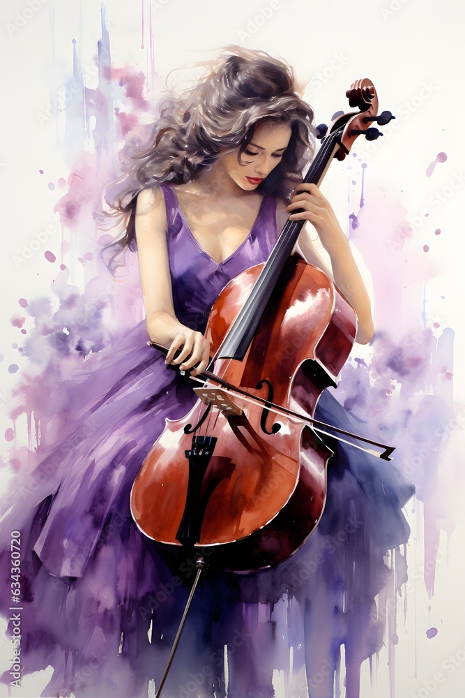 Woman in a purple dress playing a cello, watercolor style