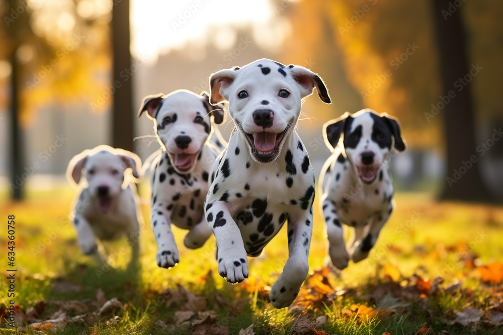 Cute funny dalmatian dogs group running and playing on green grass in park in autum | Generative AI