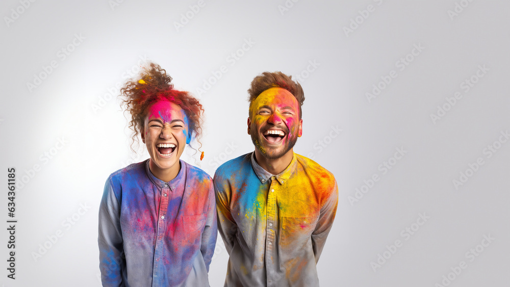 Paar lacht lustig mit Holifarben, ai generativ Paar lacht lustig mit Holifarben, ai generativ
