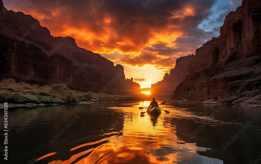 Sunset Kayaking in Canyon Valley. Generative AI