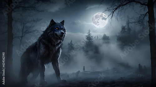 Eerie Halloween werewolf celebration under the full moon. Realism meets fantasy in this captivating night photograph. Werewolves dance, torches flicker, and shadows hint at mystical observers.