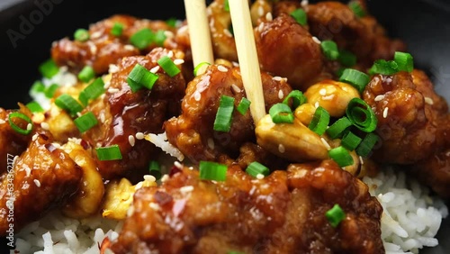 Crispy cashew Chicken stir fry with rice. Asian take away food