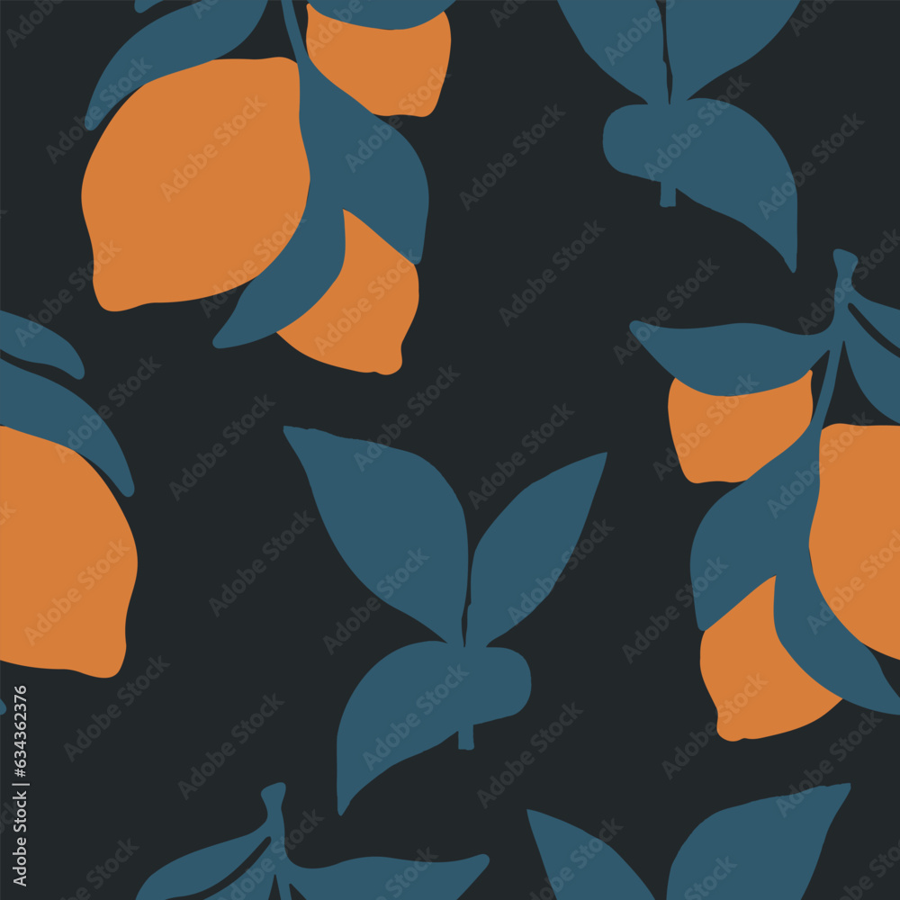 Various lemon branches. Pastel colors. Hand drawn vintage style background. Fruit citrus design template. Square seamless Pattern. Contemporary tropical print. Vector illustration