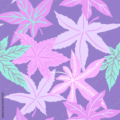 Hand drawn various Leaves seamless pattern. Contemporary marijuana leaves repeat background. Corolful square wallpaper. Cannabis design for print, t-shirt, textile, poster, wrapping. Vector template