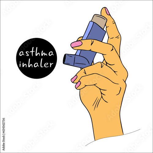 Woman hand holding asthma inhaler in close-up.  medicinal products for the treatment of shortness of breath and wheezing. Chronic disease control