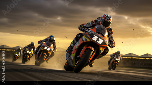 The MotoGP riders racing in a tight pack, creating a thrilling spectacle as they navigate the circuit together  photo