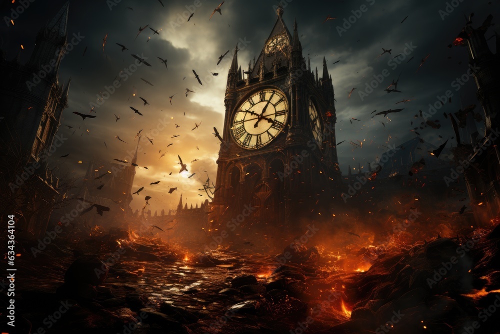 Chiming through Darkness: The Ethereal Tones of an Ancient Clock Tower at Midnight, Echoing Beneath the Swirling Bats