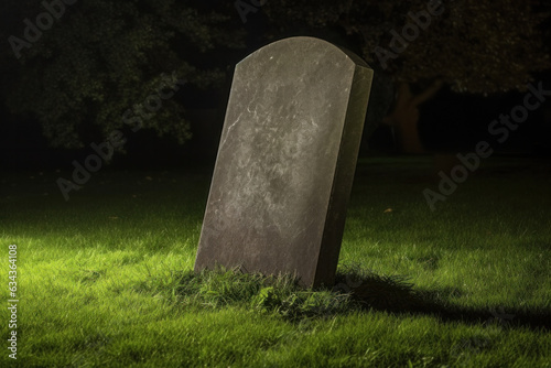 An old, unmarked tombstone standing in the grass of an old cemetery