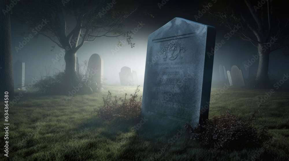 A lone, old unidentified gravestone stands in the moonlight against a backdrop of fog-shrouded tombs and shadowy trees - obrazy, fototapety, plakaty 