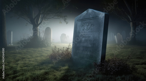 A lone, old unidentified gravestone stands in the moonlight against a backdrop of fog-shrouded tombs and shadowy trees photo